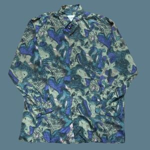 Stock Options Vintage 90s Silk Button Front Multicolor Tan Purple Shirt Men's L